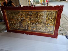 Tranh Đồng Quê Nền Vàng Cạo Xước Khung Đục Hoa Tây Kích Thước 230*120 Cm