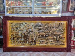 Tranh Đồng Quê Nền Vàng Cạo Xước Khung Đục Hoa Tây Kích Thước 230*120 Cm