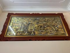 Tranh Đồng Quê Nền Vàng Cạo Xước Khung Đục Hoa Tây Kích Thước 197*107 Cm