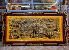 Tranh Đồng Vinh Quy Bái Tổ Kích Thước 197*107 Cm Nền Vàng Cạo Xước