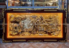 Tranh Đồng Vinh Quy Bái Tổ Kích Thước 197*107 Cm Nền Vàng Cạo Xước