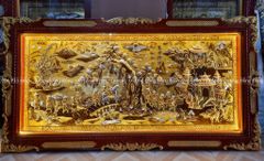 Tranh Đồng Vinh Quy Bái Tổ Kích Thước 197*107 Cm Nền Vàng Cạo Xước