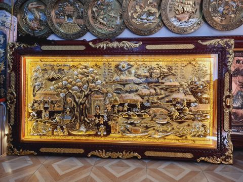 Tranh Đồng Quê Nền Vàng Cạo Xước Dát Vàng Khung Kích Thước 230*120 Cm