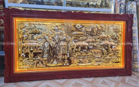 Tranh Đồng Quê Nền Vàng Cạo Xước Khung Đục Hoa Tây Kích Thước 197*107 Cm