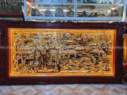 Tranh Đồng Quê Nền Vàng Cạo Xước Khung Đục Hoa Tây Kích Thước 230*120 Cm