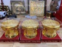 Trống Đồng Đông Sơn Đường Kính 10Cm Cao 7Cm Chất Liệu Đồng Vàng dát vàng