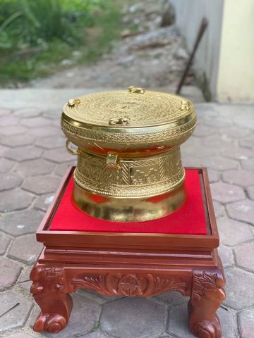 Trống Đồng Đông Sơn Dát Vàng 24H Đồng Đỏ, Đường Kính 30cm