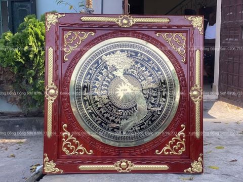 Tranh Trống Đồng Khung Gỗ Dát Vàng, Mặt CNC Kích Thước 115*115 Cm Khung Vuông