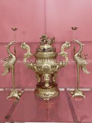 Bộ Tam Sự Hạc Bằng Đồng Vàng Song Long Chầu Nguyệt Cao 45 Cm