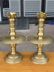 Bộ Tam Sự Nến Bằng Đồng Vàng Song Long Chầu Nguyệt Cao 45 Cm