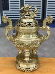 Bộ Tam Sự Nến Bằng Đồng Vàng Song Long Chầu Nguyệt Cao 60 Cm