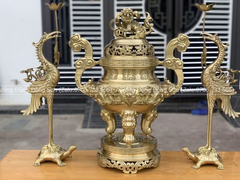 Bộ Tam Sự Hạc Bằng Đồng Vàng Song Long Chầu Nguyệt Cao 45 Cm