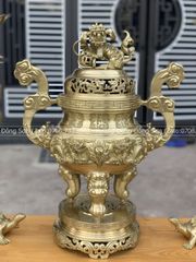 Bộ Tam Sự Nến Bằng Đồng Vàng Song Long Chầu Nguyệt Cao 45 Cm