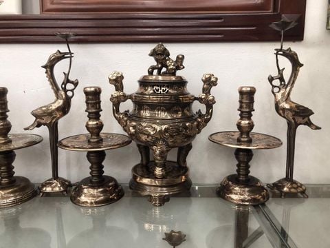 Bộ Ngũ Sự Bằng Đồng Đỏ Phớt Nỉ Hoa Sòi Cao 50 Cm