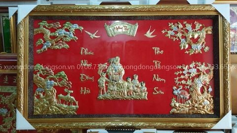 Tranh Mừng Thọ Bằng Đồng Nền Đỏ Kích Thước 135*77 Cm