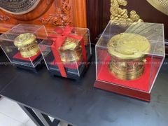 Trống Đồng Đông Sơn Dát Vàng Đường Kính 12Cm Cao 9Cm Chất Liệu Đồng Vàng