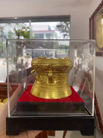 Trống Đồng Đông Sơn Dát Vàng Đường Kính 12Cm Cao 9Cm Chất Liệu Đồng Vàng