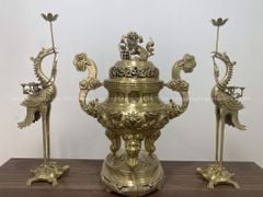 Bộ Tam Sự Hạc Bằng Đồng Dát Vàng Song Long Chầu Nguyệt Cao 70 Cm