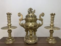 Bộ Tam Sự Nến Bằng Đồng Vàng Song Long Chầu Nguyệt Cao 70 Cm