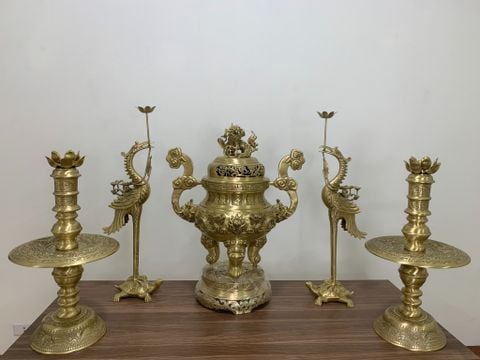 Bộ Ngũ Sự Bằng Đồng Vàng Song Long Chầu Nguyệt Cao 70 Cm