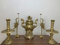 Bộ Ngũ Sự Bằng Đồng Vàng Song Long Chầu Nguyệt Cao 70 Cm