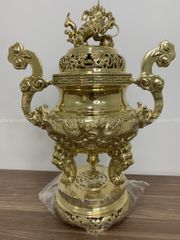 Bộ Đỉnh Đồng Ngũ Sự Đồng Vàng Song Long Chầu Nguyệt Cao 65 Cm Màu Vàng Bóng