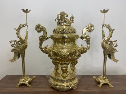 Bộ Tam Sự Hạc Bằng Đồng Vàng Song Long Chầu Nguyệt Cao 65 Cm