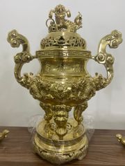 Bộ Tam Sự Nến Bằng Đồng Vàng Song Long Chầu Nguyệt Cao 65 Cm