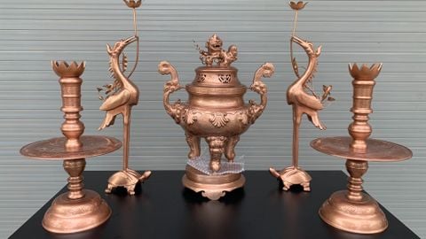 Bộ Ngũ Sự Bằng Đồng Đỏ Hoa Sòi Cao 50 Cm