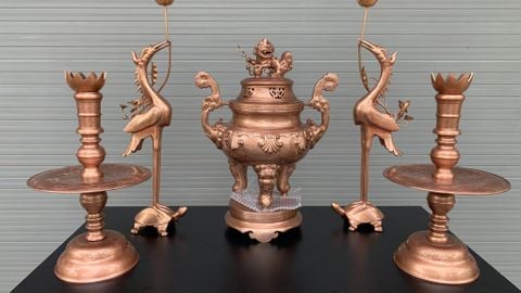 Bộ Ngũ Sự Bằng Đồng Đỏ Hoa Sòi Cao 60 Cm