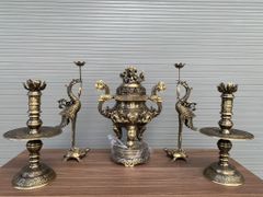 Bộ Ngũ Sự Bằng Đồng Vàng Song Long Chầu Nguyệt Màu Hai Công Nghệ Cao 60 Cm