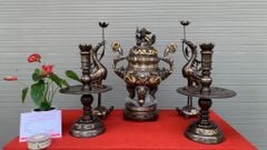 Bộ Ngũ Sự Bằng Đồng Đỏ Khảm Tam Khí Song Long Chầu Nguyệt Cao 60 Cm
