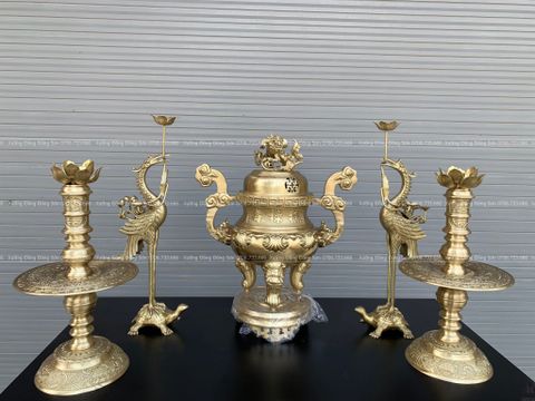 Bộ Đỉnh Đồng Ngũ Sự Đồng Vàng Hoa Sòi Cao 50 Cm