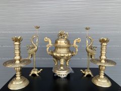 Bộ Đỉnh Đồng Ngũ Sự Đồng Vàng Hoa Sòi Cao 50 Cm