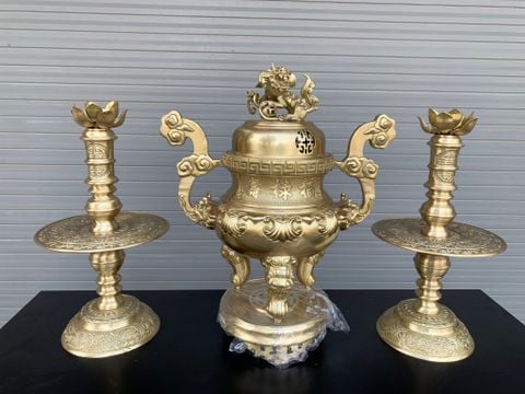 Bộ Tam Sự Nến Bằng Đồng Vàng Hoa Sòi Cao 60 Cm