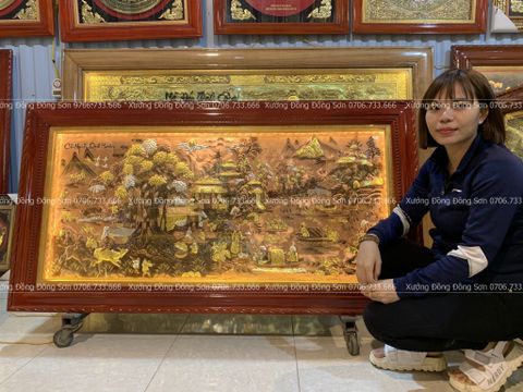 Tranh Đồng Quê Nền Đỏ Cạo Xước Kích Thước 230*120 Cm