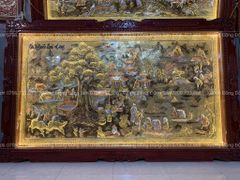 Tranh Đồng Quê Cội Nguồn Quê Hương Nền Vàng Cạo Xước Khung Đục Hoa Tây KT 255-155