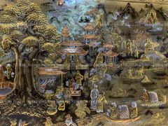 Tranh Đồng Quê Cội Nguồn Quê Hương Nền Vàng Cạo Xước Khung Đục Hoa Tây KT 255-155