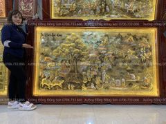 Tranh Đồng Quê Cội Nguồn Quê Hương Nền Vàng Cạo Xước Khung Đục Hoa Tây KT 255-155