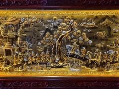 Tranh Đồng Vinh Quy Bái Tổ Kích Thước 170*90 Cm Nền Vàng Cạo Xước Khung Đục Tứ Quý Gỗ Hương Đỏ