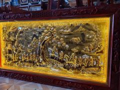 Tranh Đồng Vinh Quy Bái Tổ Kích Thước 170*90 Cm Nền Vàng Cạo Xước Khung Đục Tứ Quý Gỗ Hương Đỏ