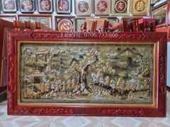 Tranh Đồng Vinh Quy Bái Tổ Kích Thước 170*90 Cm Nền Vàng Cạo Xước Khung Đục Tứ Quý Gỗ Hương Đỏ