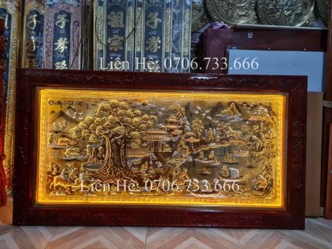 Tranh Đồng Quê Nền Vàng Cạo Xước Kích Thước 170*90 Cm khung hương đục