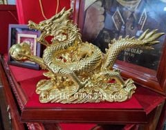 Tượng Linh Vật - Rồng Đồng Vàng Nhả Ngọc Lướt Sóng Kích Thước Ngang 33cm, cao 20cm