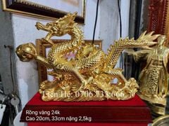 Tượng Linh Vật - Rồng Đồng Vàng Nhả Ngọc Lướt Sóng Kích Thước Ngang 33cm, cao 20cm