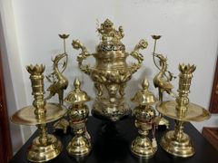 Bộ Ngũ Sự Bằng Đồng Cát Tút Song Long Chầu Nguyệt Cao 60 Cm + Đôi Đèn Cao  43cm Catut