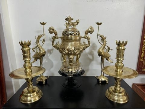 Bộ Ngũ Sự Bằng Đồng Cát Tút Song Long Chầu Nguyệt Cao 60 Cm- Chữ Việt
