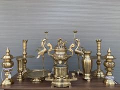 Bộ Ngũ Sự Bằng Đồng Cát Tút Song Long Chầu Nguyệt Cao 60 Cm +lọ hoa 38 +ống hương 29 + Mâm bồng 35 +Bát Hương + Ba Đài 10 + Ngai chén+ Đôi đèn 43