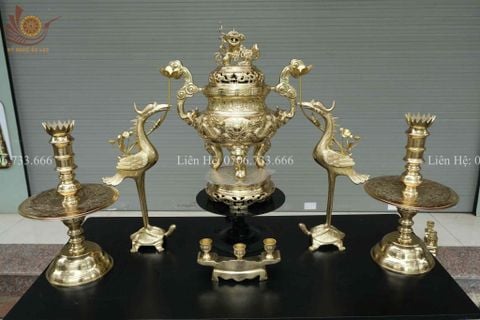 Bộ Đỉnh Đồng Ngũ Sự Đồng Cát Tút Song Long Chầu Nguyệt Cao 50 Cm + Bộ Ngai 3 Chén Catut