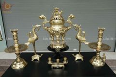 Bộ Đỉnh Đồng Ngũ Sự Đồng Cát Tút Song Long Chầu Nguyệt Cao 50 Cm + Bộ Ngai 3 Chén Catut